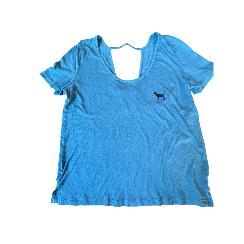 Victoria's Secret PINK‎ Blue Cutout Back T Shirt Short Sleeve Logo Size L